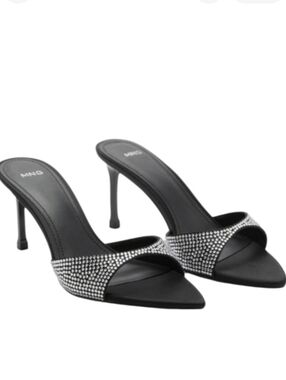 NEW! MANGO MNG Black Rhinestone Slide On Mules Open Toe Heels 6.5.